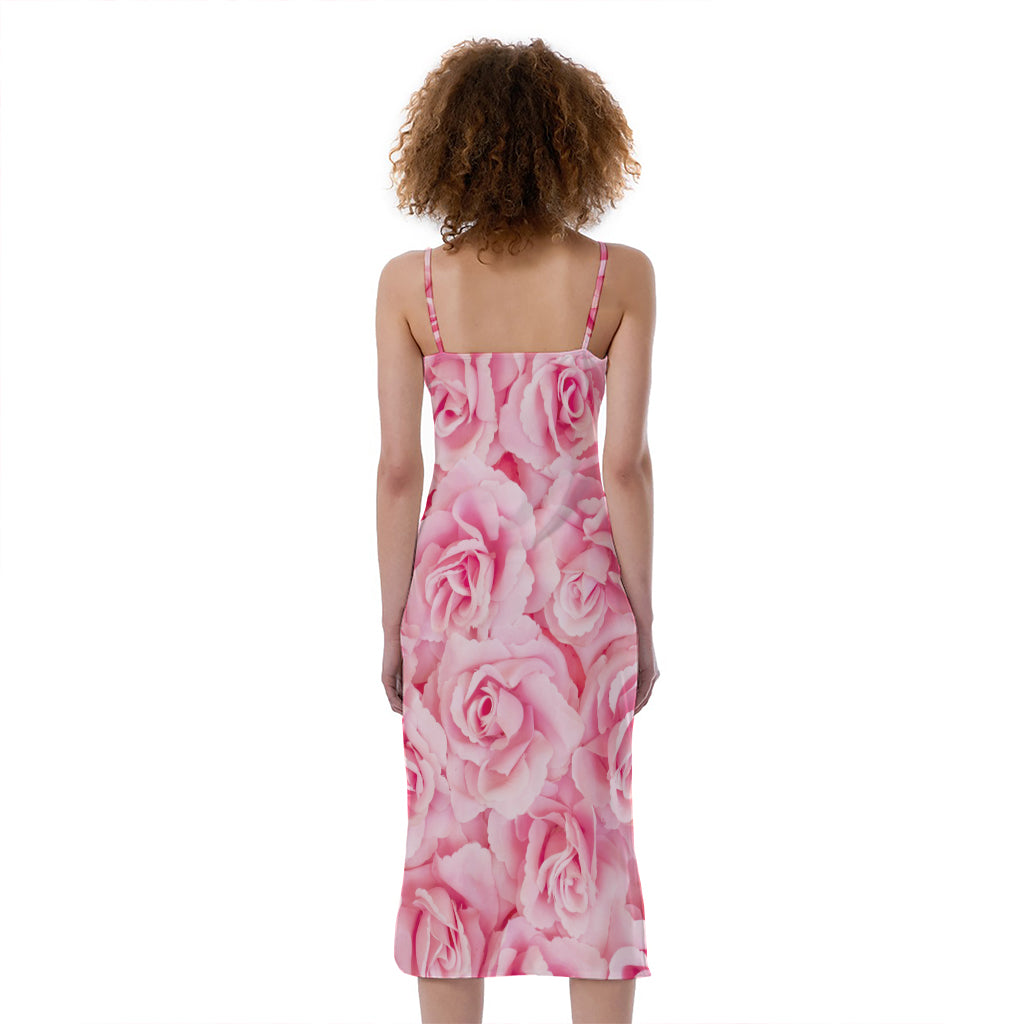 Pink Rose Print Slim Fit Midi Cami Dress