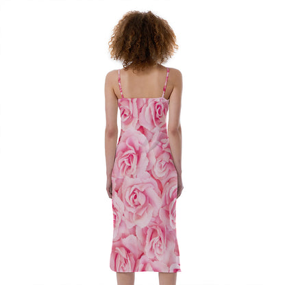 Pink Rose Print Slim Fit Midi Cami Dress