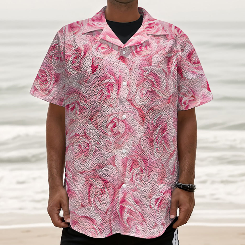 Pink Rose Print Textured Short Sleeve Shirt