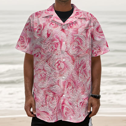 Pink Rose Print Textured Short Sleeve Shirt