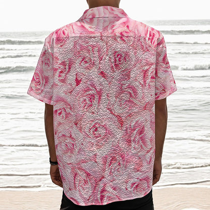 Pink Rose Print Textured Short Sleeve Shirt