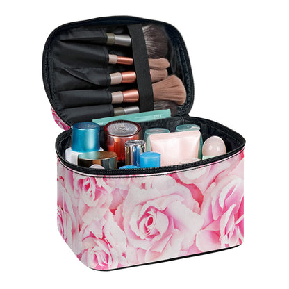 Pink Rose Print Travel Makeup Bag