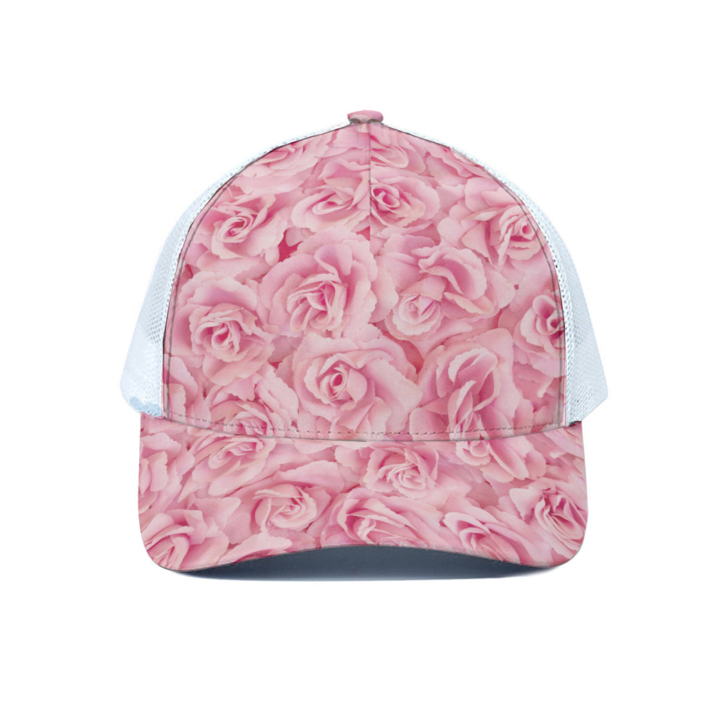 Pink Rose Print White Mesh Trucker Cap