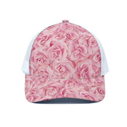 Pink Rose Print White Mesh Trucker Cap