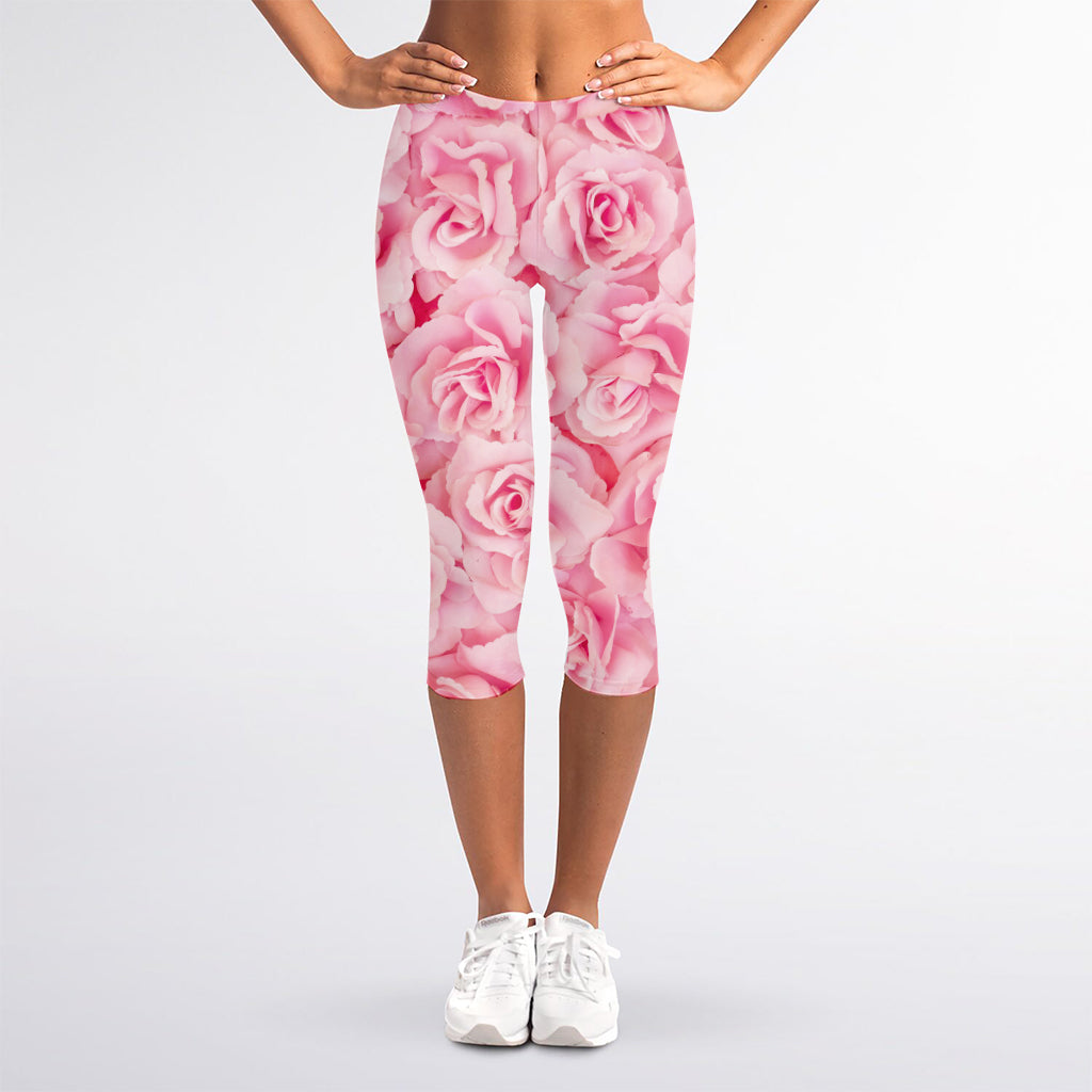 Pink Rose Print Women's Capri Leggings