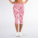 Pink Rose Print Women's Capri Leggings
