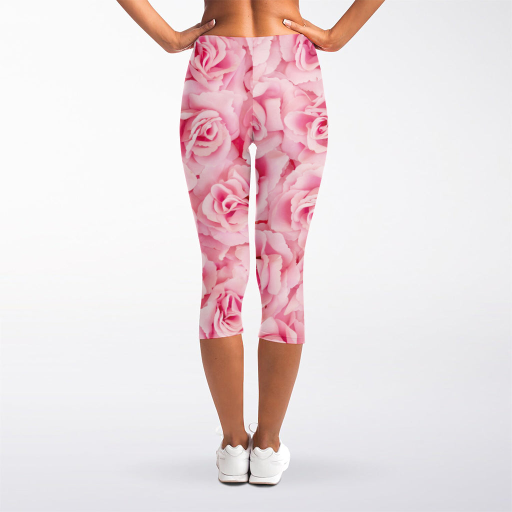 Pink Rose Print Women's Capri Leggings