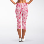 Pink Rose Print Women's Capri Leggings