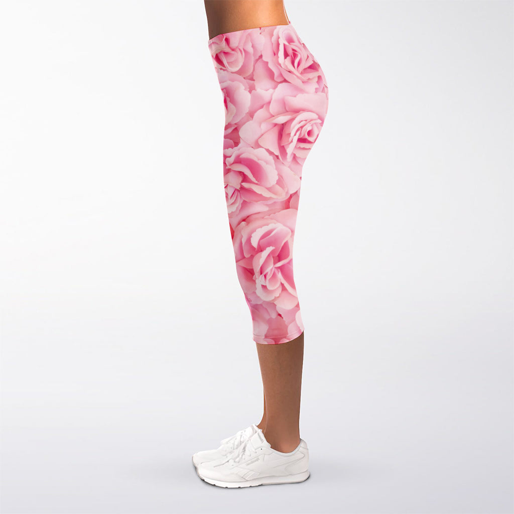 Pink Rose Print Women's Capri Leggings
