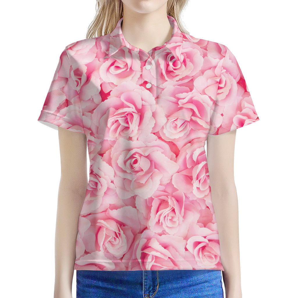 Pink Rose Print Women's Polo Shirt
