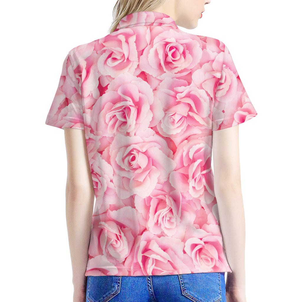 Pink Rose Print Women's Polo Shirt