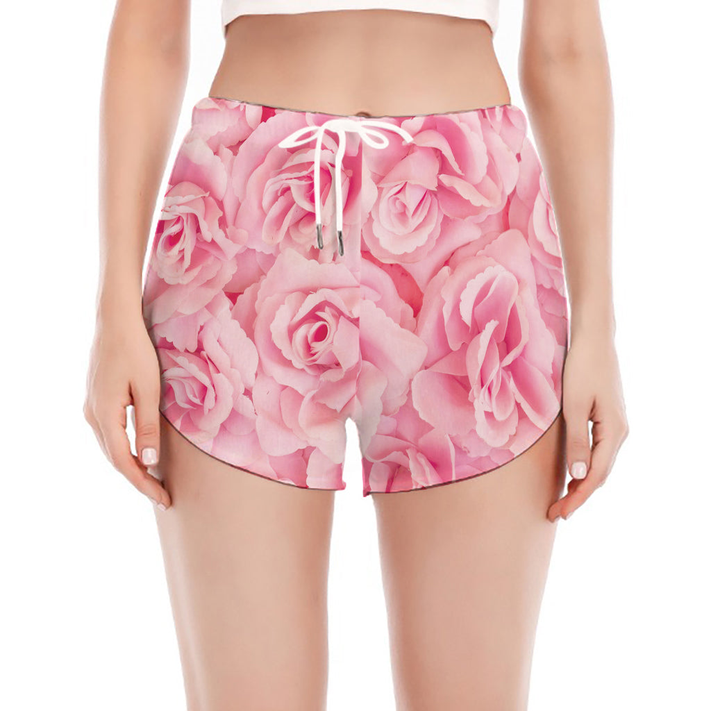 Pink Rose Print Women's Split Running Shorts