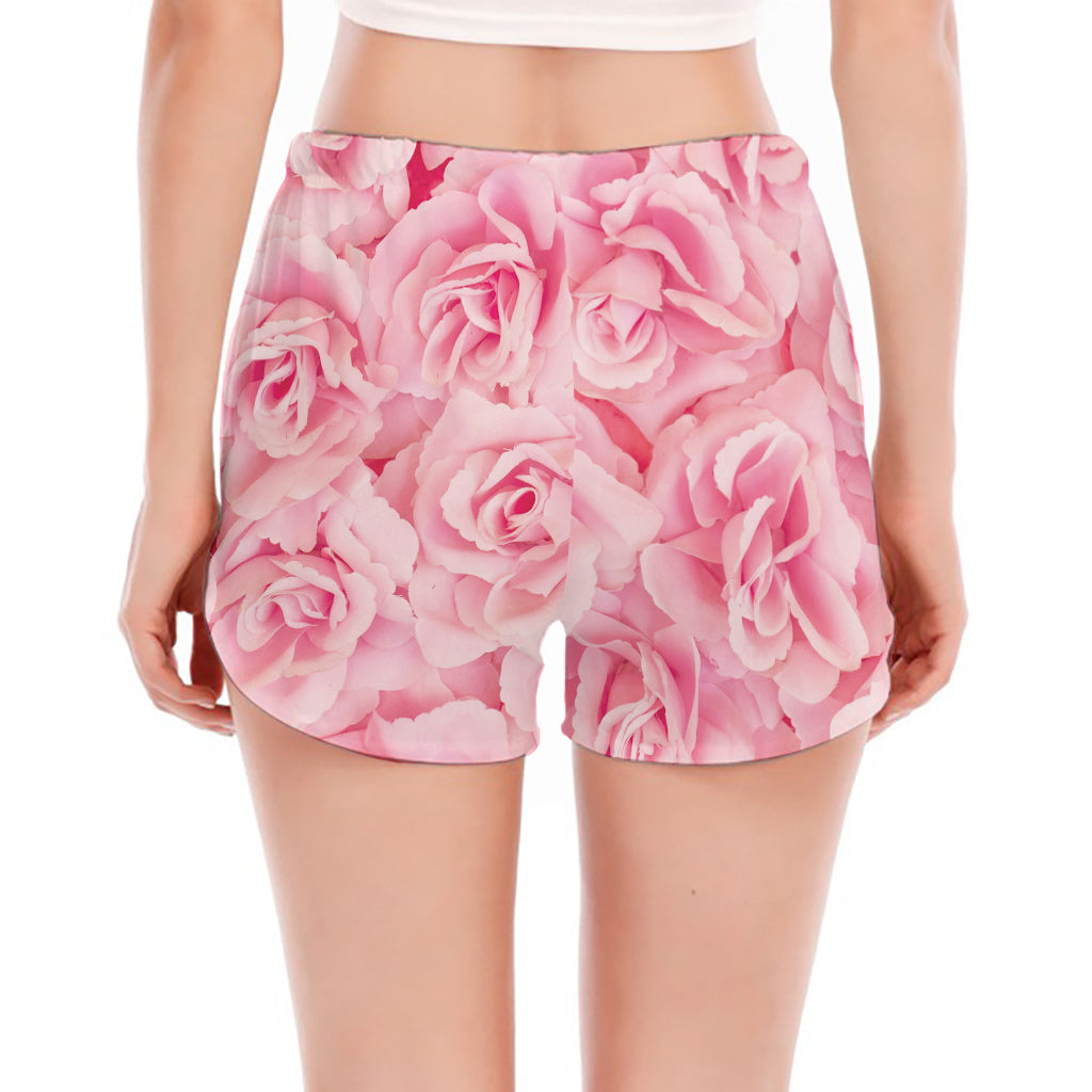 Pink Rose Print Women's Split Running Shorts