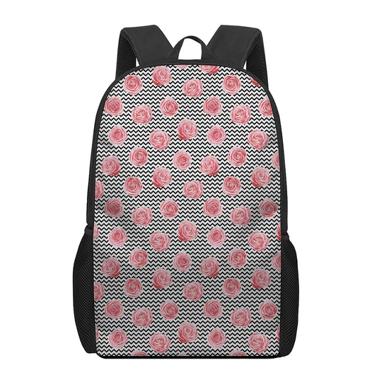 Pink Rose Zigzag Pattern Print 17 Inch Backpack