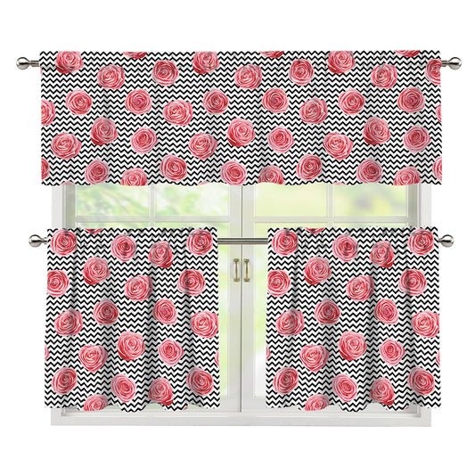 Pink Rose Zigzag Pattern Print 3 Piece Kitchen Curtains