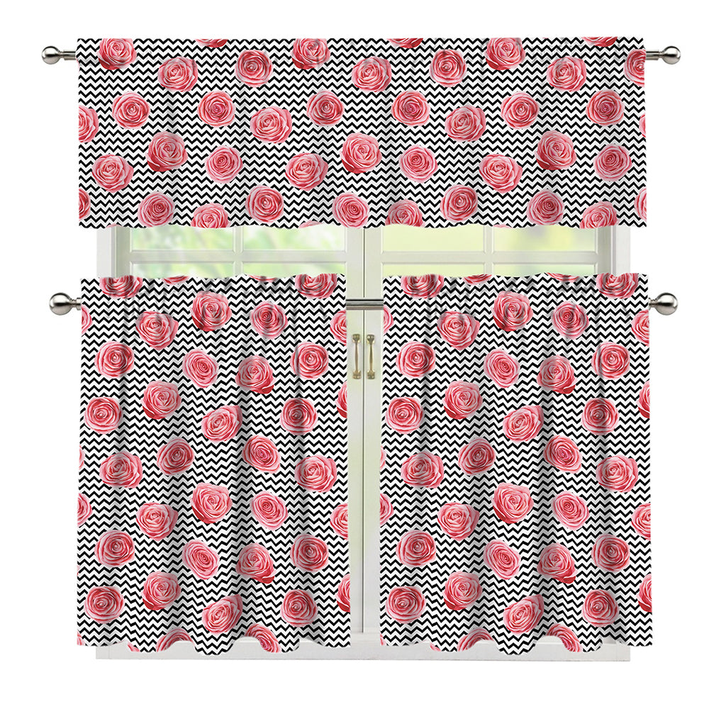 Pink Rose Zigzag Pattern Print 3 Piece Kitchen Curtains