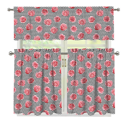 Pink Rose Zigzag Pattern Print 3 Piece Kitchen Curtains