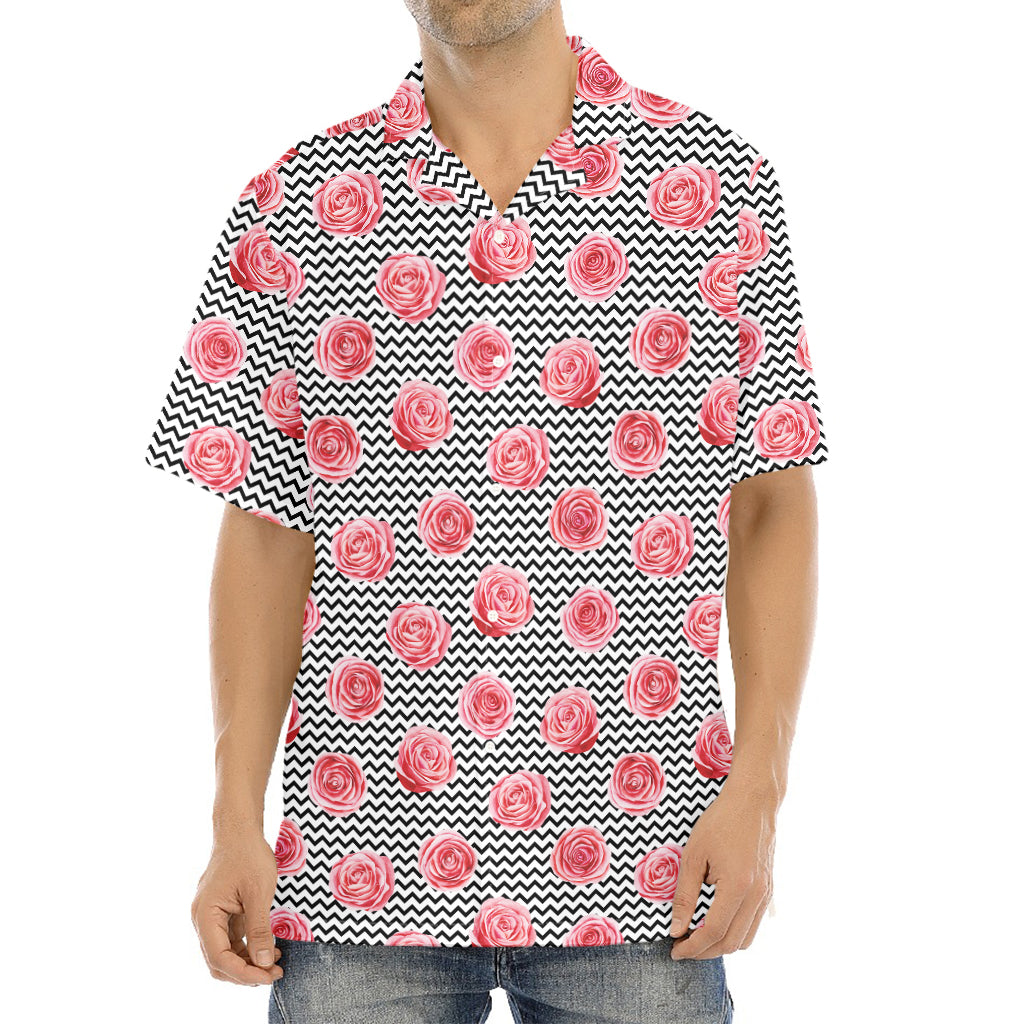 Pink Rose Zigzag Pattern Print Aloha Shirt
