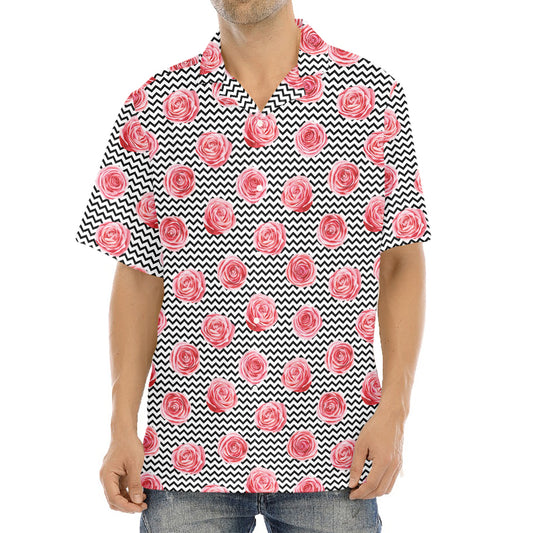 Pink Rose Zigzag Pattern Print Aloha Shirt