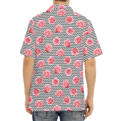 Pink Rose Zigzag Pattern Print Aloha Shirt