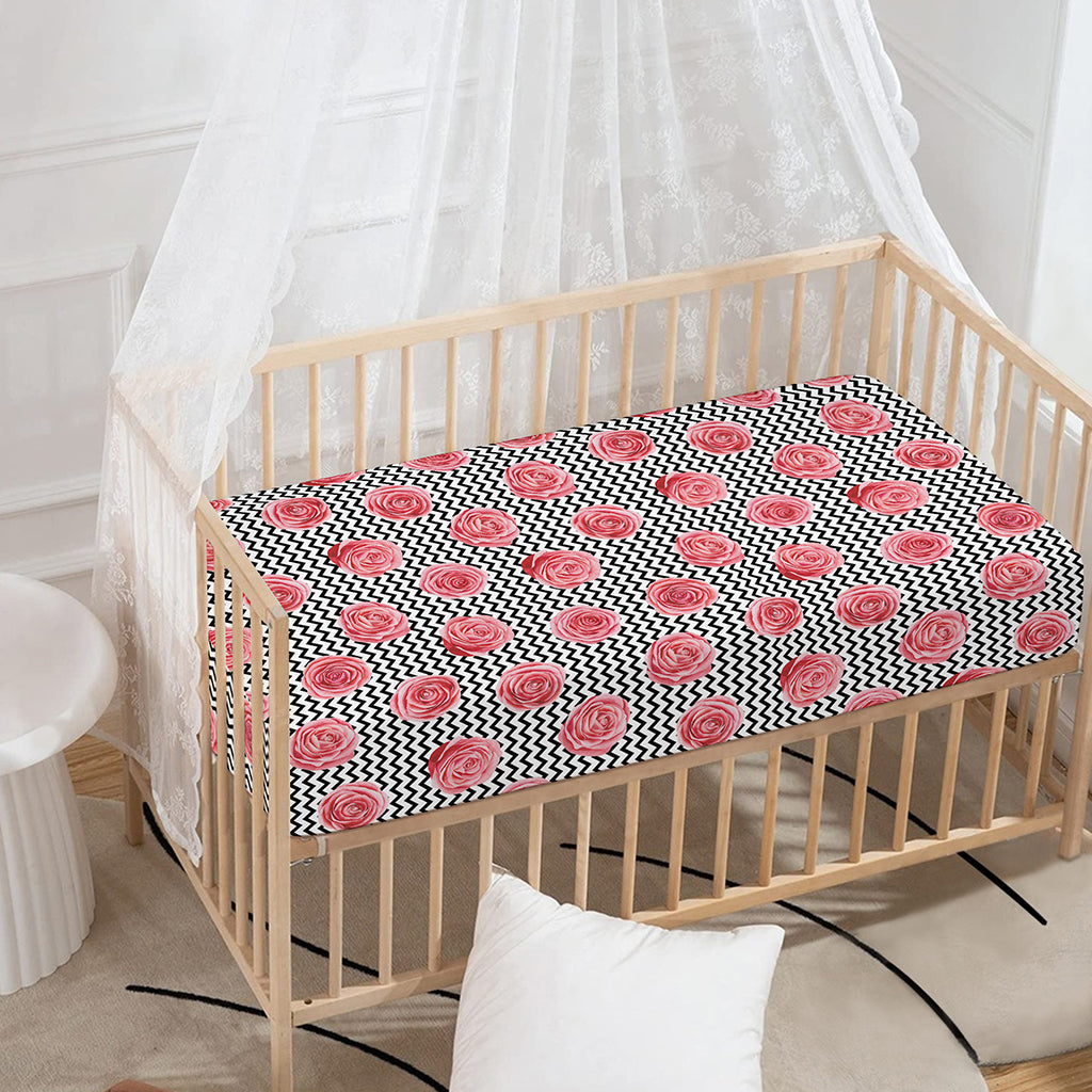 Pink Rose Zigzag Pattern Print Baby Crib Sheet
