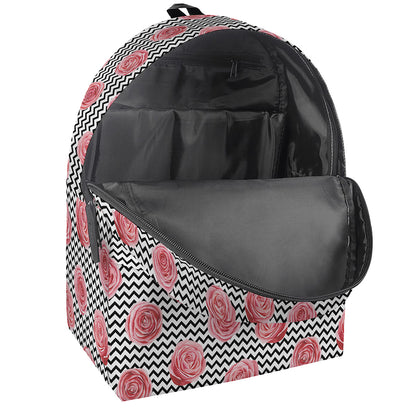 Pink Rose Zigzag Pattern Print Backpack