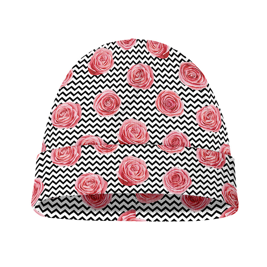 Pink Rose Zigzag Pattern Print Beanie