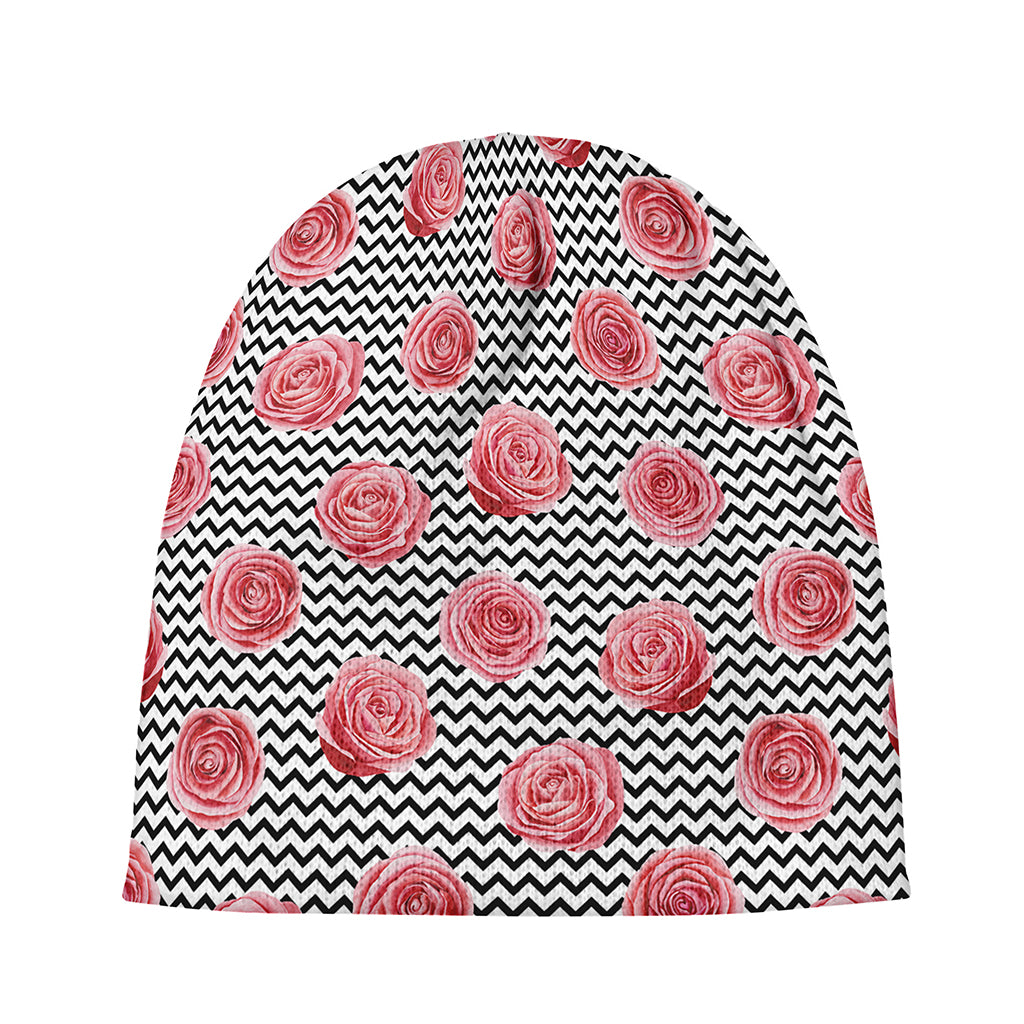 Pink Rose Zigzag Pattern Print Beanie