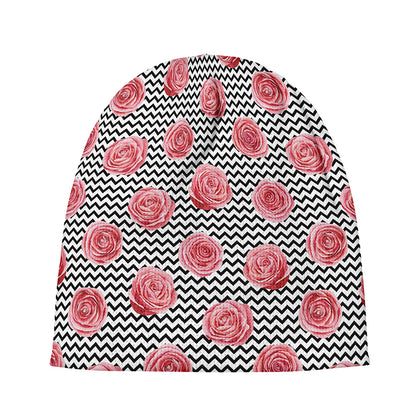 Pink Rose Zigzag Pattern Print Beanie