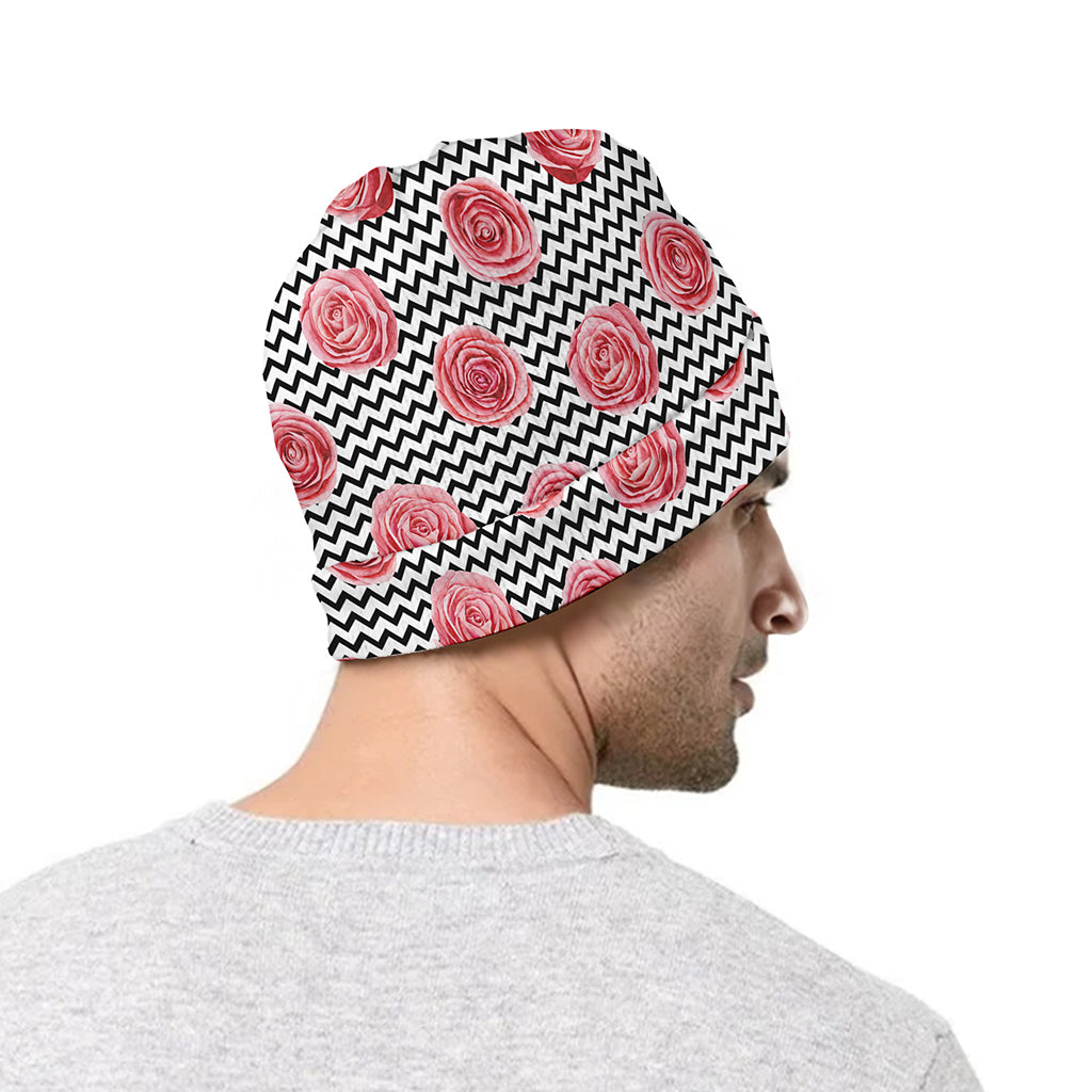 Pink Rose Zigzag Pattern Print Beanie