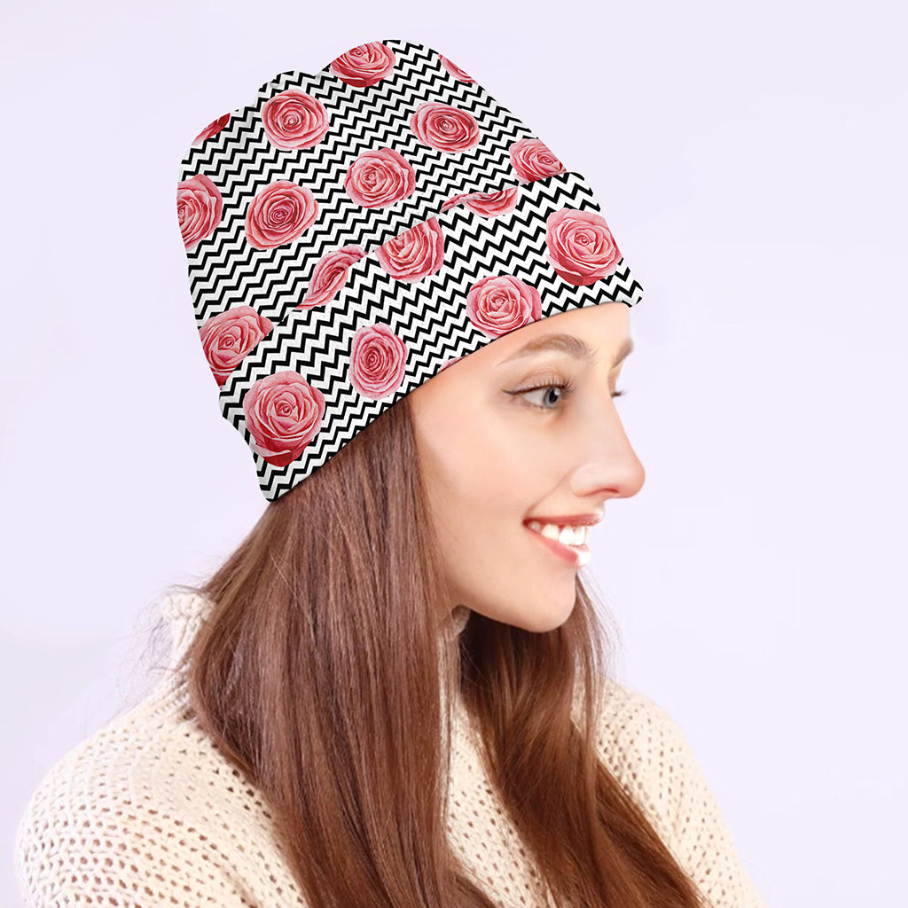 Pink Rose Zigzag Pattern Print Beanie