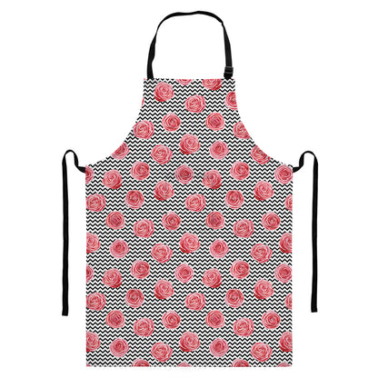 Pink Rose Zigzag Pattern Print Bib Apron With Pocket