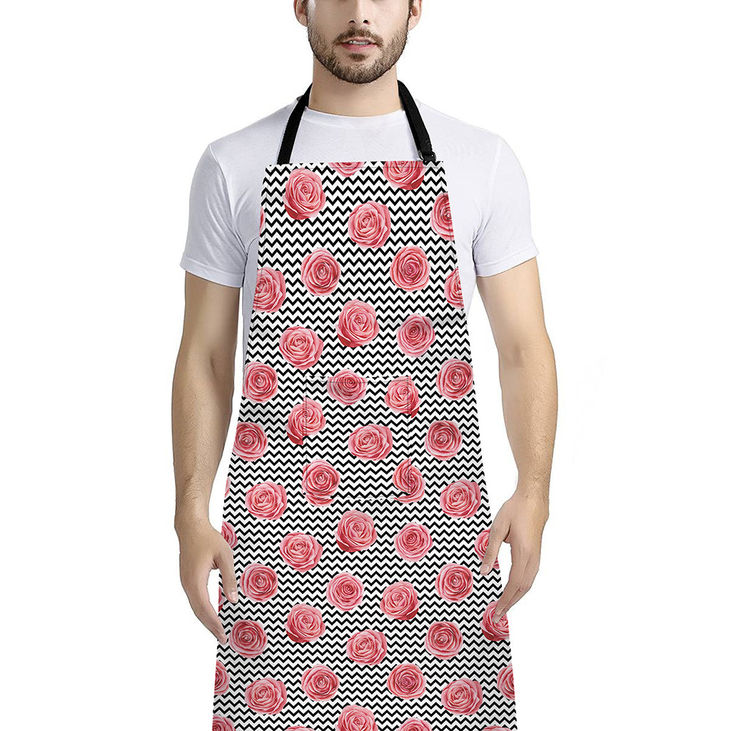 Pink Rose Zigzag Pattern Print Bib Apron With Pocket