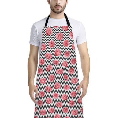 Pink Rose Zigzag Pattern Print Bib Apron With Pocket