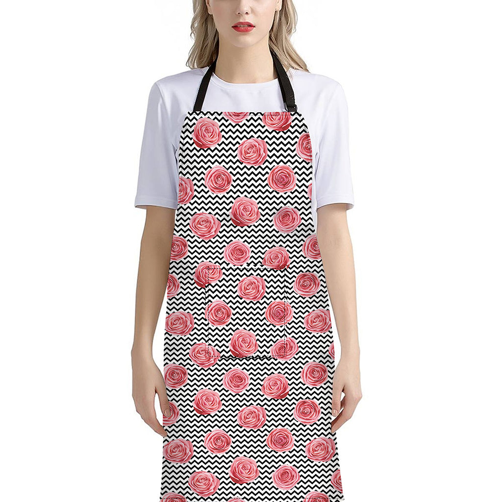 Pink Rose Zigzag Pattern Print Bib Apron With Pocket