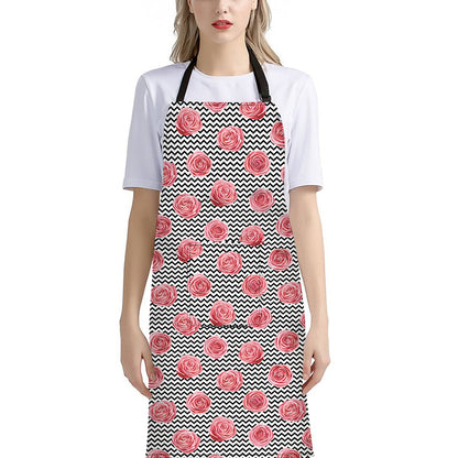 Pink Rose Zigzag Pattern Print Bib Apron With Pocket