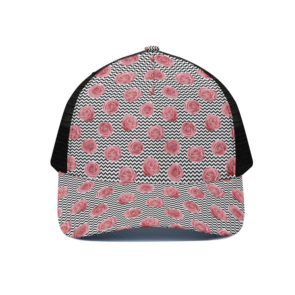 Pink Rose Zigzag Pattern Print Black Mesh Trucker Cap