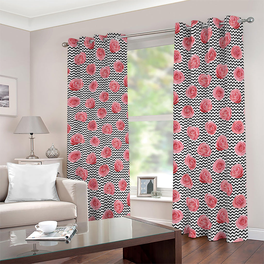 Pink Rose Zigzag Pattern Print Blackout Grommet Curtains