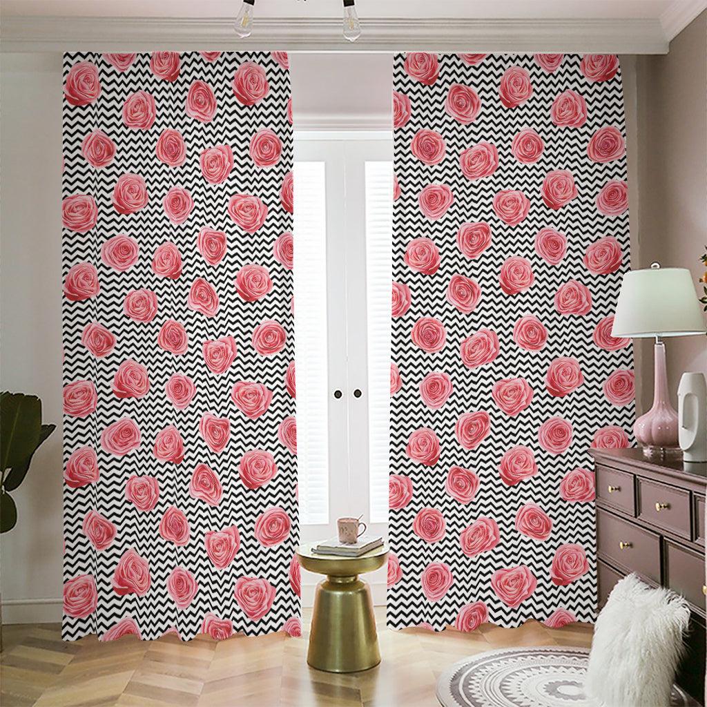 Pink Rose Zigzag Pattern Print Blackout Pencil Pleat Curtains