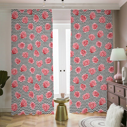 Pink Rose Zigzag Pattern Print Blackout Pencil Pleat Curtains