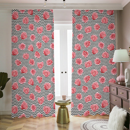 Pink Rose Zigzag Pattern Print Blackout Pencil Pleat Curtains
