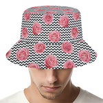 Pink Rose Zigzag Pattern Print Bucket Hat