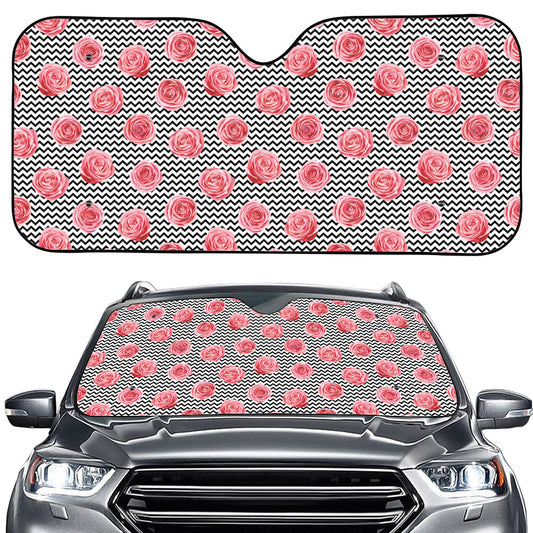 Pink Rose Zigzag Pattern Print Car Windshield Sun Shade