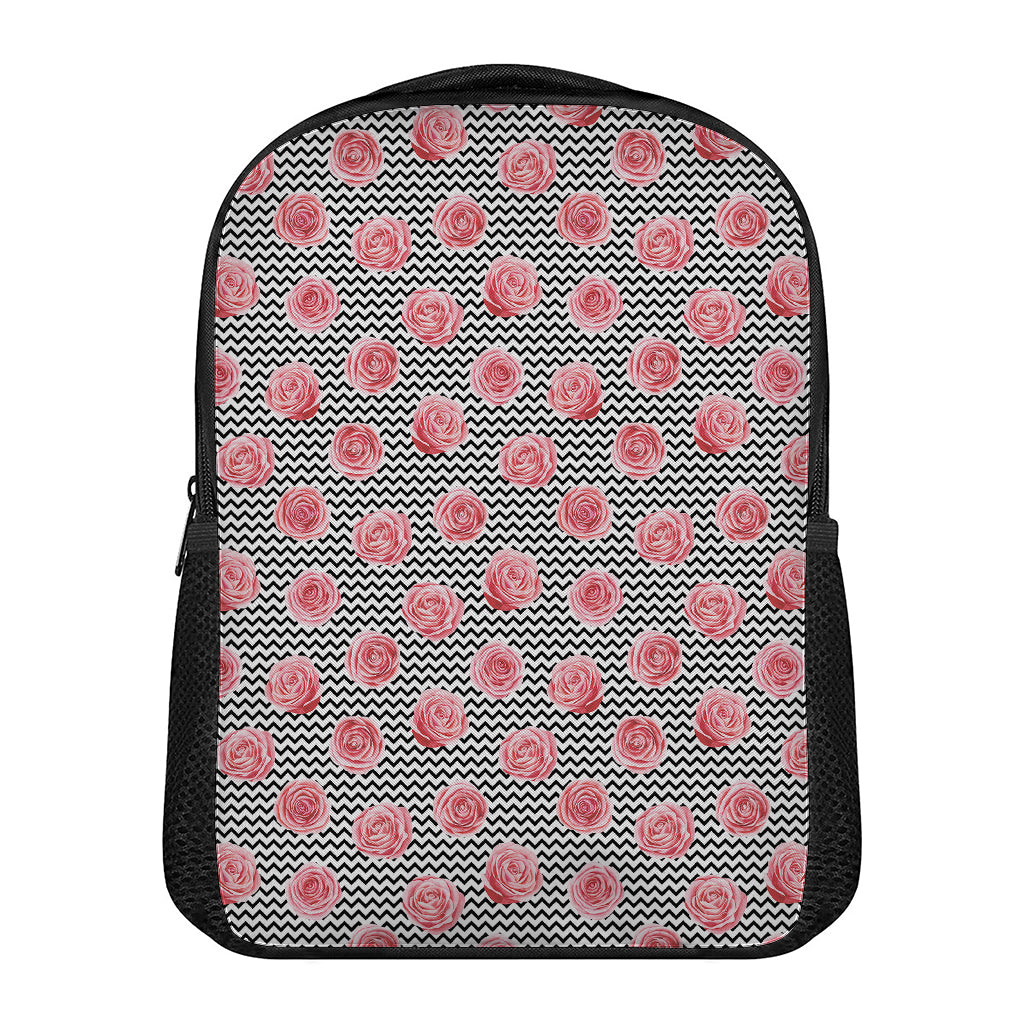 Pink Rose Zigzag Pattern Print Casual Backpack
