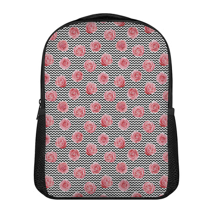 Pink Rose Zigzag Pattern Print Casual Backpack
