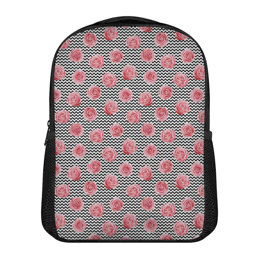 Pink Rose Zigzag Pattern Print Casual Backpack