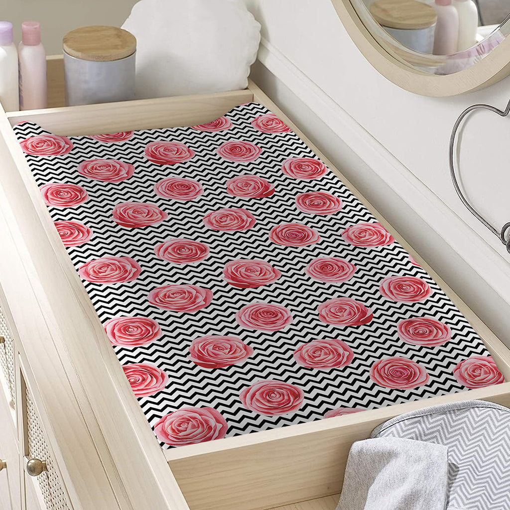 Pink Rose Zigzag Pattern Print Changing Pad Cover