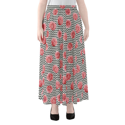 Pink Rose Zigzag Pattern Print Chiffon Maxi Skirt