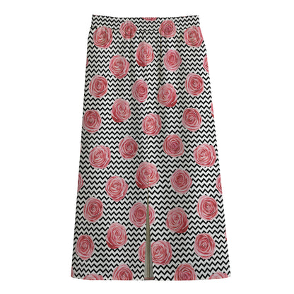 Pink Rose Zigzag Pattern Print Cotton Front Slit Maxi Skirt