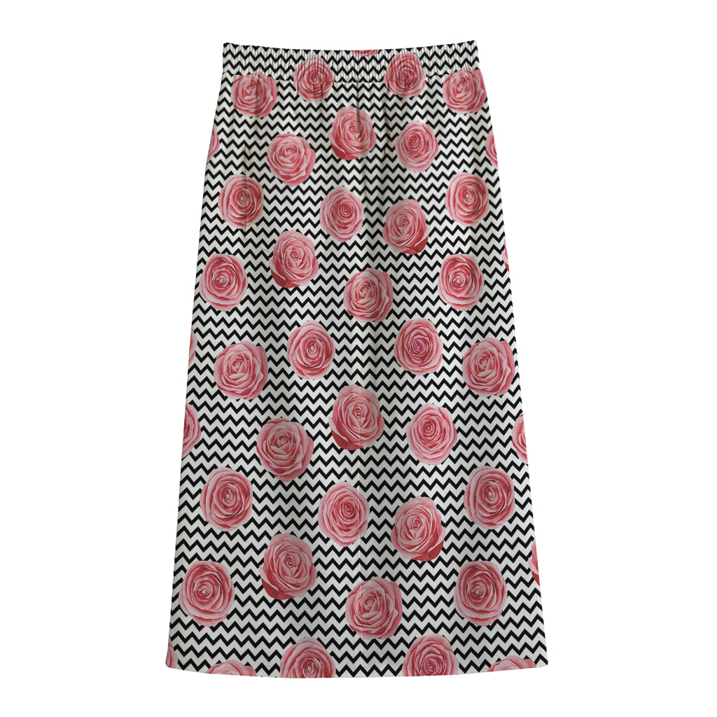 Pink Rose Zigzag Pattern Print Cotton Front Slit Maxi Skirt